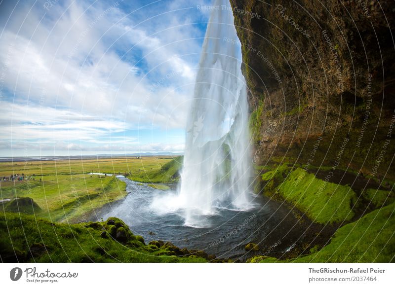 Seljalandsfoss Umwelt Natur Landschaft Wasser Schönes Wetter blau braun grün schwarz weiß Wasserfall Island Tourismus Himmel Felsen Reisefotografie groß