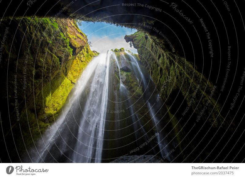 Gljúfrabúi Umwelt Natur blau grün schwarz weiß Wasserfall Island Himmel Perspektive Moos schön naturspektakel Stein Klippe Höhle Farbfoto Außenaufnahme