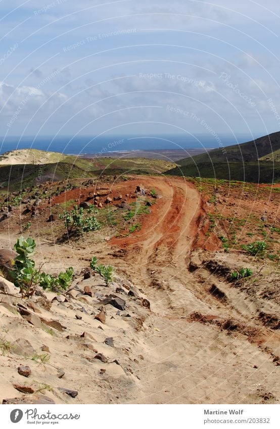 der Weg reloaded Ferien & Urlaub & Reisen Ausflug Ferne Freiheit Natur Landschaft Sand Cabo Verde São Vicente Afrika frei Fußweg Reifenspuren Meer Horizont