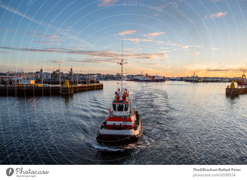 Reykjavik Stadt Hauptstadt Hafenstadt blau gold orange rosa schwarz weiß Reykjavík Island Schifffahrt Aussicht Stimmung Sonnenuntergang Wolken Schlepper