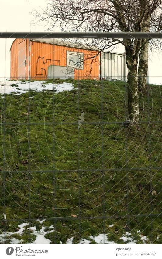 Baustop Baustelle Dienstleistungsgewerbe Umwelt Winter Schnee Baum Wiese kalt ruhig stagnierend Zeit Bauwagen Absperrgitter Farbfoto Außenaufnahme Menschenleer