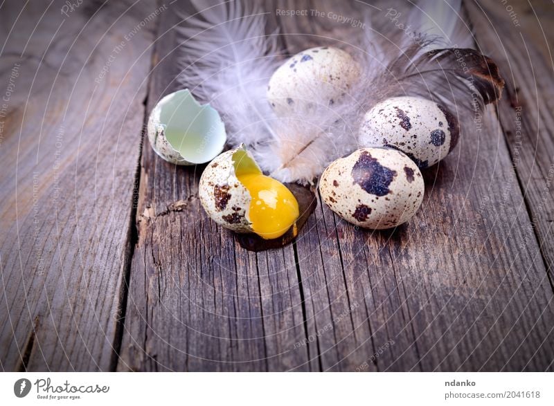 Wachteleier auf einer Holzoberfläche Essen Frühstück Diät Tisch Ostern frisch klein natürlich oben braun grau Tradition nützlich Frühling organisch Ei Bauernhof