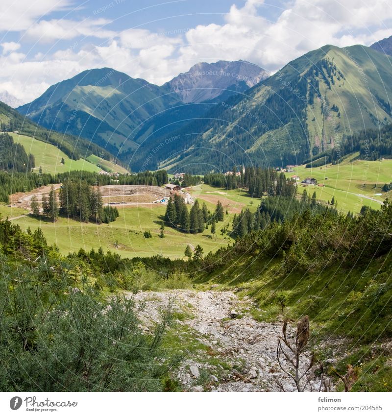 Fernweh Umwelt Natur Landschaft Pflanze Himmel Wolken Wiese Feld Hügel Berge u. Gebirge grün Freiheit ruhig Aussicht Baum Tal Farbfoto Außenaufnahme Tag