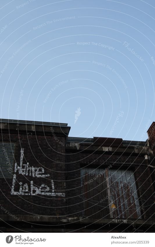 Wahre Liebe Fabrik Feierabend Wolkenloser Himmel Sommer Schönes Wetter Menschenleer Tor Gebäude Architektur Mauer Wand Tür Dach Holz Backstein Schriftzeichen