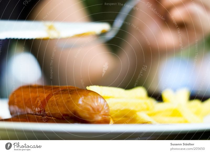 das wärs jetzt... Lebensmittel Fleisch Wurstwaren Ernährung Essen Mittagessen Fastfood Geschirr Besteck Messer Gabel Appetit & Hunger Pommes frites Currywurst