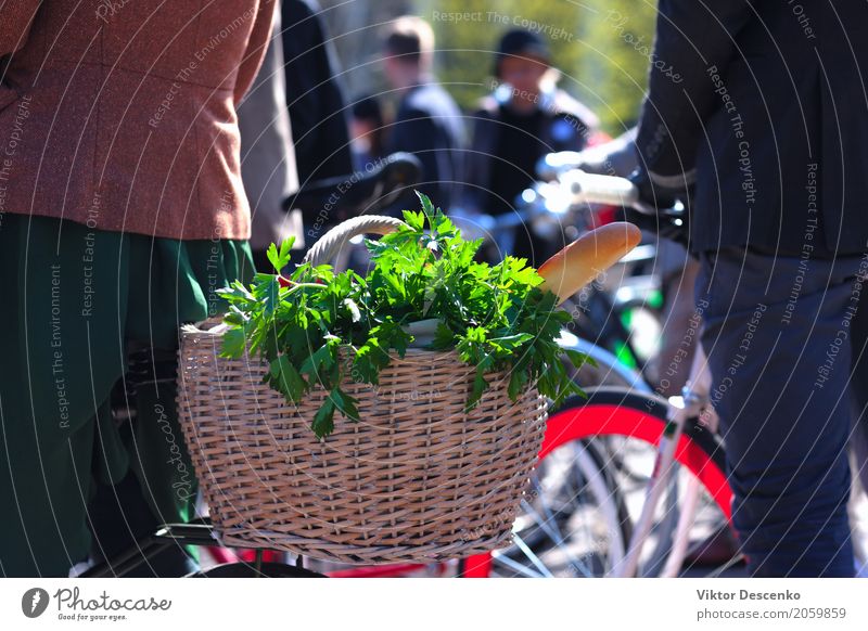 Korb mit Lebensmitteln auf dem Fahrrad Diät schön Ferien & Urlaub & Reisen Sommer Dekoration & Verzierung Sport Frau Erwachsene Blume Marktplatz Verkehr Straße