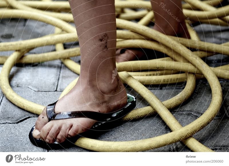 Ich steh aufm Schlauch Beine Fuß 1 Mensch Sommer Flipflops Stein dreckig heiß nass gelb Zufriedenheit Gedeckte Farben Außenaufnahme 8-13 Jahre treten