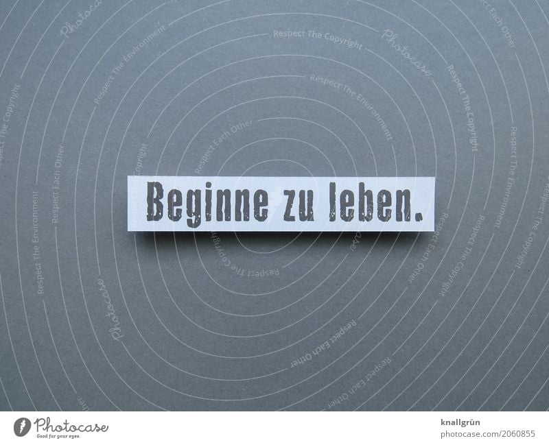 Beginne zu leben. Schriftzeichen Schilder & Markierungen Kommunizieren eckig grau weiß Gefühle Stimmung Lebensfreude Verantwortung achtsam Neugier Abenteuer