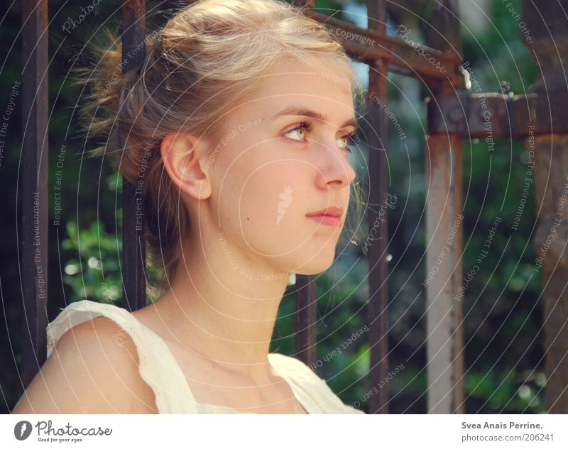 "Ich wünsch mir, dass es bleibt wie es ist" elegant Stil schön Erholung feminin Junge Frau Jugendliche Auge 1 Mensch Natur Tor Haare & Frisuren blond Zopf