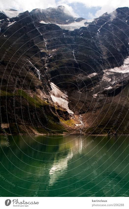 schmelzender Gletscher schön Tourismus Sommer Schnee Berge u. Gebirge Spiegel Umwelt Natur Landschaft Himmel Wolken Horizont Wärme Gras Hügel Teich See Fluss