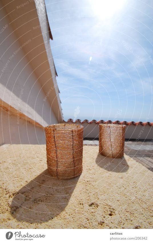 Spanischer Lichtblick Himmel Sonne Sommer Schönes Wetter Gebäude Mauer Wand Terrasse Dach Erholung leuchten eckig heiß Wärme blau braun Teelicht Sandstein