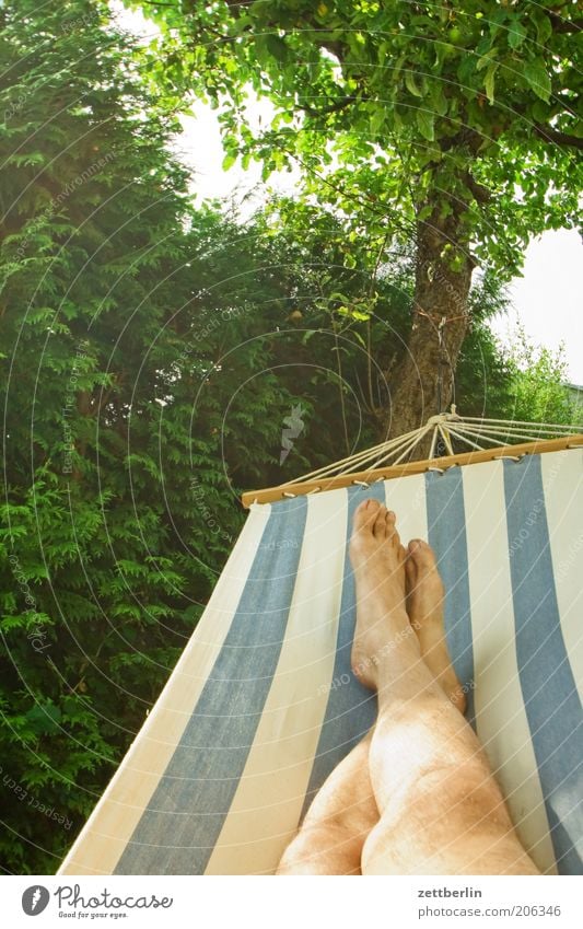 Hängematte Ferien & Urlaub & Reisen Erholung ruhig Pause Garten Schrebergarten Kleingartenkolonie Baum Baumstamm Apfelbaum Hecke Beine Fuß Streifen schaukeln