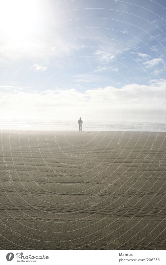 Gone away Ferne Freiheit Sommer Sonne Strand Meer Mensch maskulin Mann Erwachsene 1 Sand Wasser Himmel Wolken Horizont Sonnenlicht Schönes Wetter Nebel Wellen