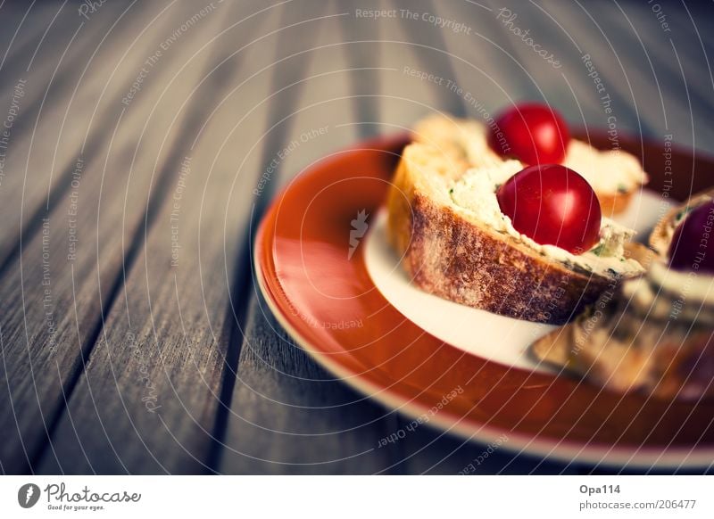 Frischkäsebrot mit Tomaten Lebensmittel Käse Milcherzeugnisse Gemüse Brot Ernährung Abendessen Teller lecker braun Völlerei Farbfoto mehrfarbig Außenaufnahme