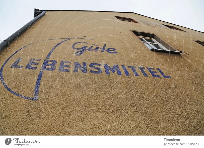 Karl sieht einen Ernährungstipp. Lebensmittel Gesundheit Haus Fassade Fenster Fallrohr Schriftzeichen einfach Werbung Marketing altmodisch Empfehlung Buchstaben