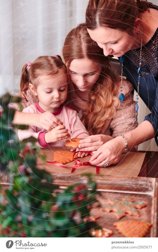 Familie, die Weihnachtslebkuchenplätzchen mit dem Zuckerguss verziert Dekoration & Verzierung Tisch Küche Feste & Feiern Kind Mensch Frau Erwachsene