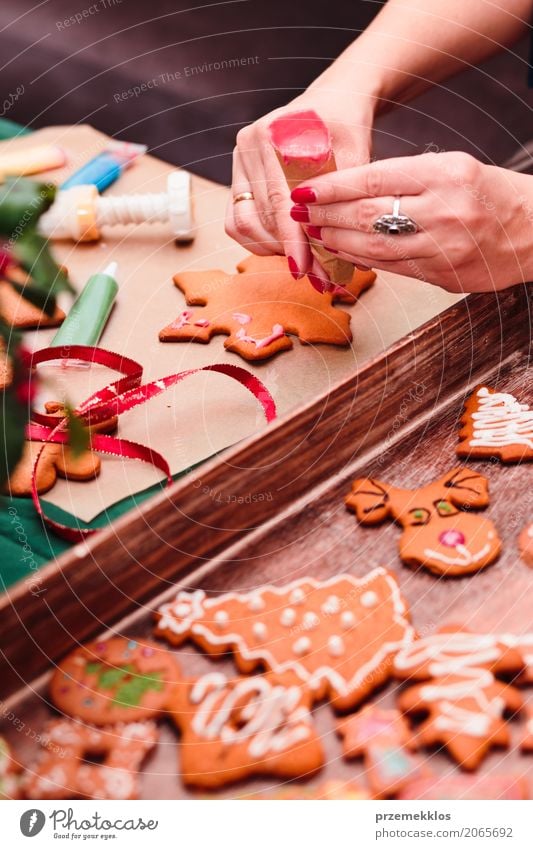 Frau, die gebackene Weihnachtslebkuchen mit dem Bereifen verziert Lifestyle Dekoration & Verzierung Tisch Feste & Feiern Weihnachten & Advent Erwachsene Hand 1