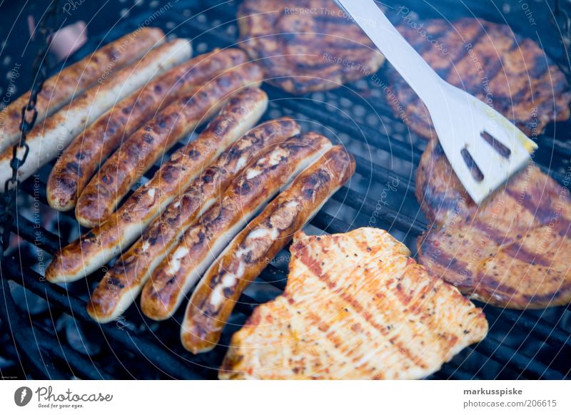 grill meister Lebensmittel Fleisch Wurstwaren Steak Bratwurst Pute mariniert Ernährung Grillen Duft Farbfoto Grillrost Grillsaison Außenaufnahme herzhaft