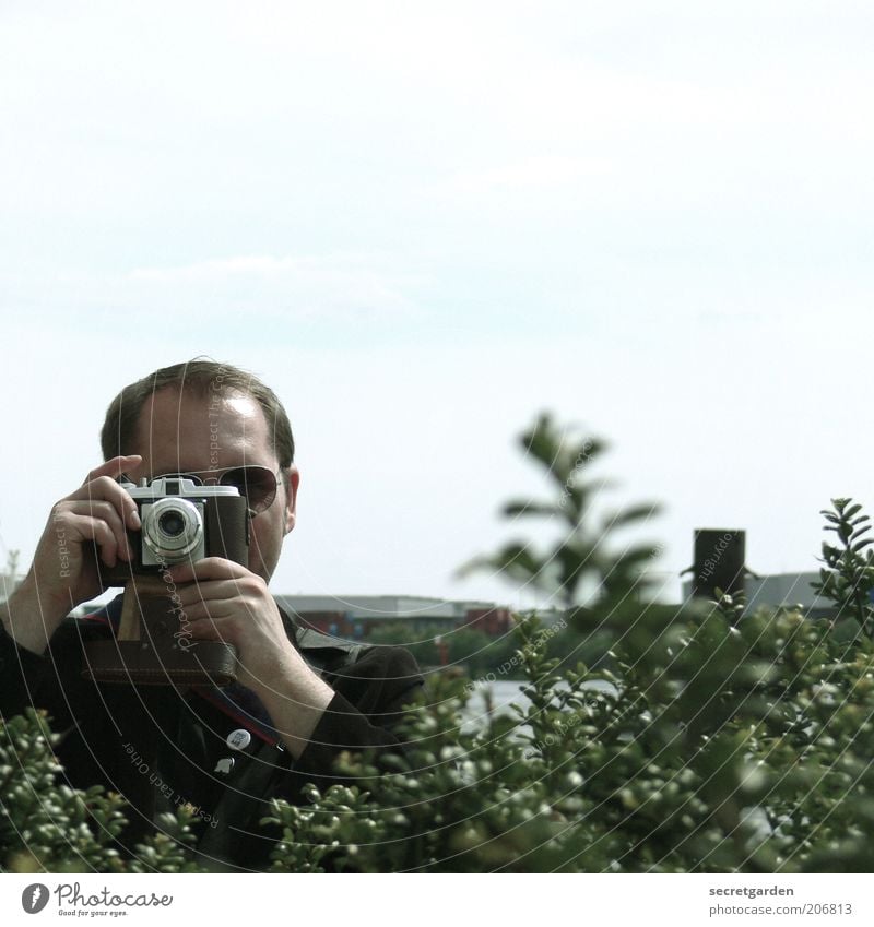 Nutze den Überraschungsmoment! Fotografieren Fotokamera Mensch maskulin Junger Mann Jugendliche 1 30-45 Jahre Erwachsene Pflanze Sommer Sträucher Grünpflanze