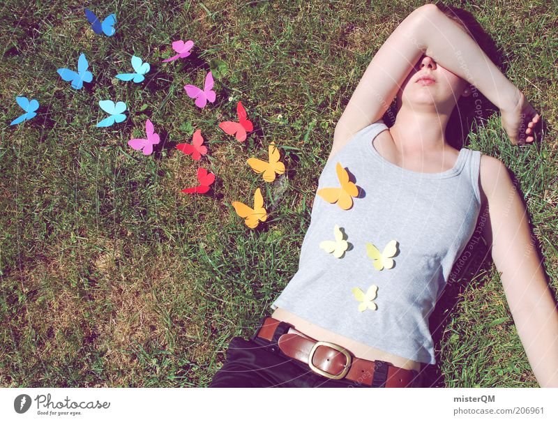 Schmetterlinge im Bauch. ästhetisch Zufriedenheit Liebe Liebeskummer Liebeserklärung Liebesbekundung Liebesgruß mädchenhaft Frau Sommer Wiese mehrfarbig Gefühle