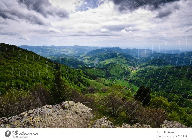 Talblick Umwelt Natur Landschaft Pflanze Himmel Wolken Gewitterwolken Frühling Klima Wetter schlechtes Wetter Wind Baum Wald Hügel Felsen Berge u. Gebirge