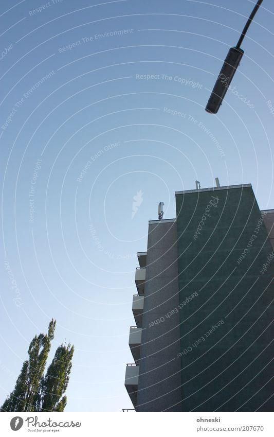 Wohnen im Grünen Haus Hochhaus Bauwerk Gebäude Architektur Fassade Balkon Baum Laterne Farbfoto Gedeckte Farben Abend Schatten Kontrast Silhouette