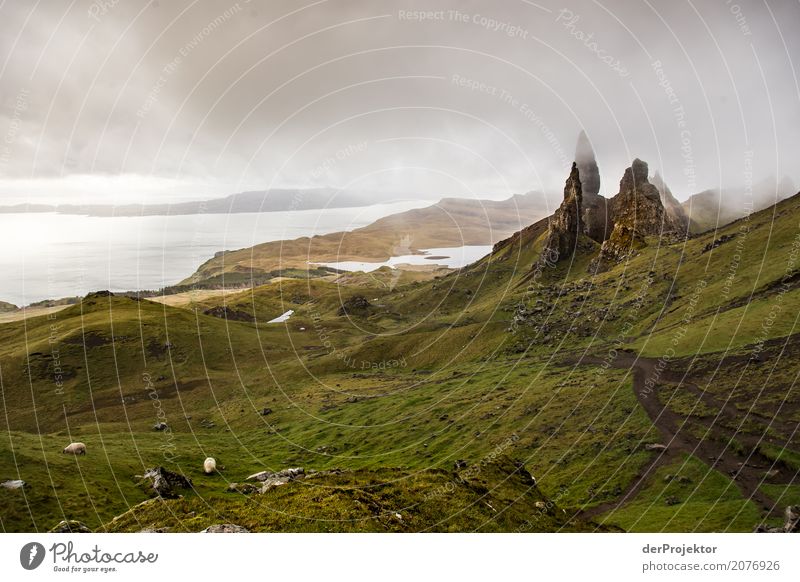 Old Man of Storr auf Isle of Skye III Wolken Felsvorsprung Küste Seeufer Flussufer Sommer Landschaft Felsen Bucht Pflanze Fjord Insel Schottland Europa