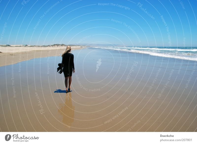 Windy Beach feminin Frau Erwachsene 1 Mensch Natur Landschaft Sand Wasser Himmel Wolkenloser Himmel Horizont Sommer Strand Meer Pazifik gehen genießen Blick