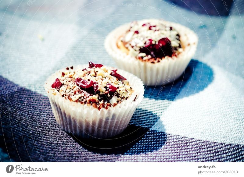 Muffins Lebensmittel Kuchen Dessert Süßwaren Törtchen Ernährung lecker süß blau braun rot Appetit & Hunger Sonnenlicht kariert Muster Stoff Beeren 2 Schatten