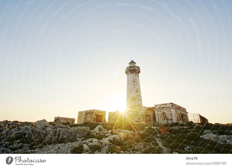 Faro di Capo Murro di Porco Ferien & Urlaub & Reisen Tourismus Natur Landschaft Himmel Wolkenloser Himmel Sonne Sonnenlicht Frühling Schönes Wetter Gras Felsen