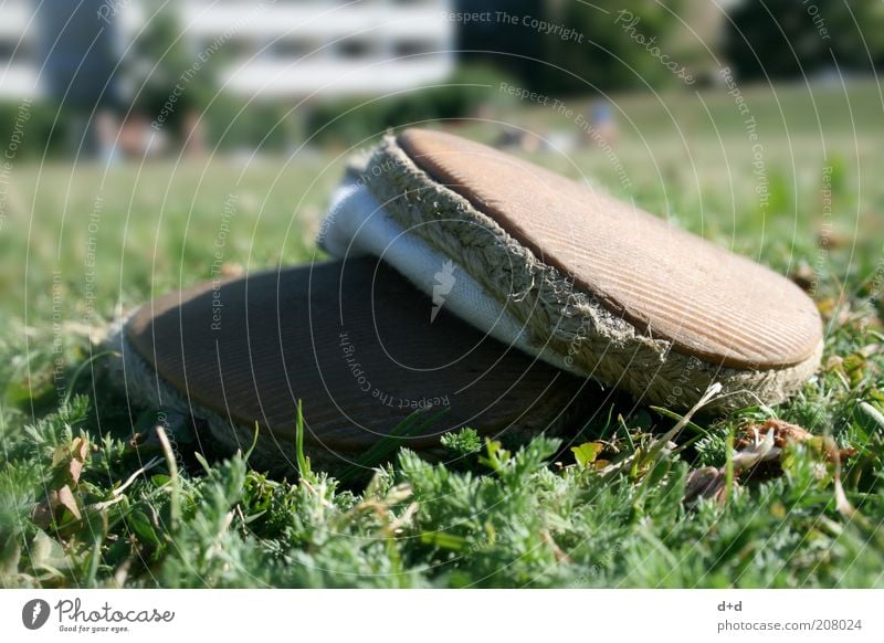 x Wiese Liegewiese Schuhe Leinen Bast Schlappen Ferien & Urlaub & Reisen ökologisch Bioprodukte Schuhsohle Schuhpaar Sonnenlicht Rasen abgetreten schäbig alt