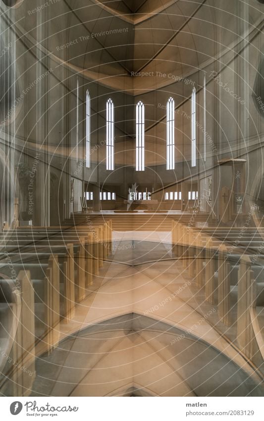 Hallgrímskirkja Kirche Mauer Wand Sehenswürdigkeit braun grau Reykjavík Doppelbelichtung Kirchenschiff Kirchenfenster Kirchenbank Farbfoto Experiment abstrakt