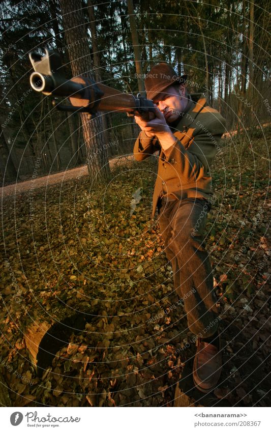 Der Jäger maskulin Mann Erwachsene 1 Mensch 30-45 Jahre Wald Hut gefährlich Jägerhut Waffe Gewehr zielen Jagd Waldlichtung schießen Visier Waldboden Baum Blatt