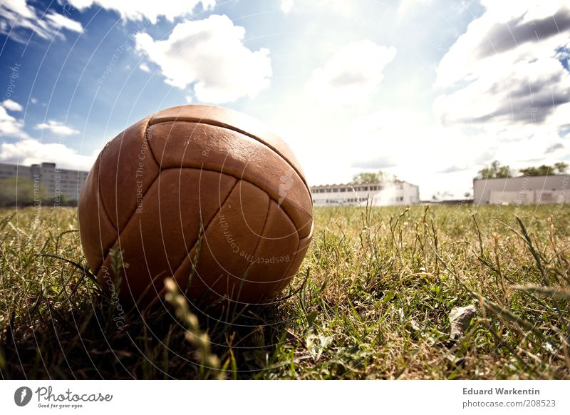 Fussballsommer Freizeit & Hobby Ballsport Fußball Sportstätten Fußballplatz hell Rasen Himmel Wolken Schönes Wetter braun Leder Gras Sommer Wiese Farbfoto