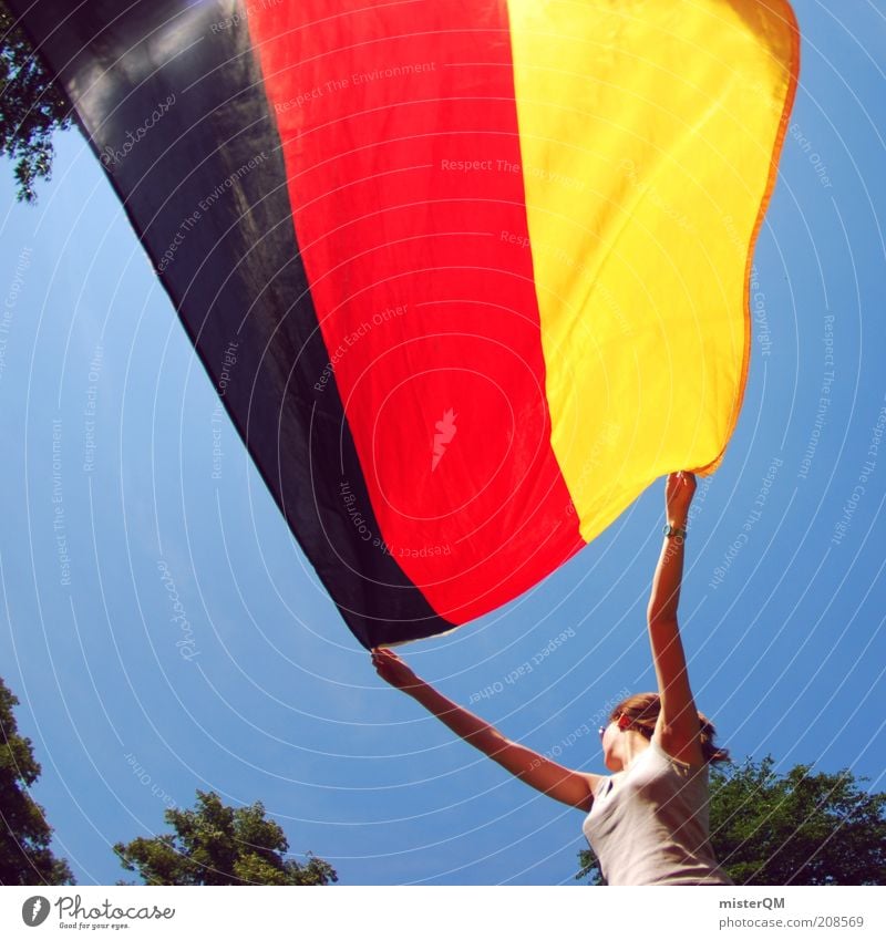 Flagge zeigen. feminin ästhetisch Deutschland Deutsche Flagge Fahne schwarz rot gold Weltmeisterschaft WM 2010 Stolz wehen Sommermorgen Frau Symbole & Metaphern