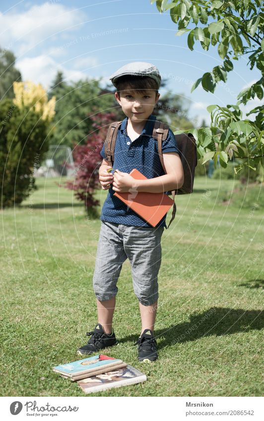 Schulstart Mensch maskulin Kind Kleinkind Junge Kindheit Leben 1 1-3 Jahre Himmel Sommer Schönes Wetter Garten Park Wiese Hut Mütze Baskenmütze beobachten