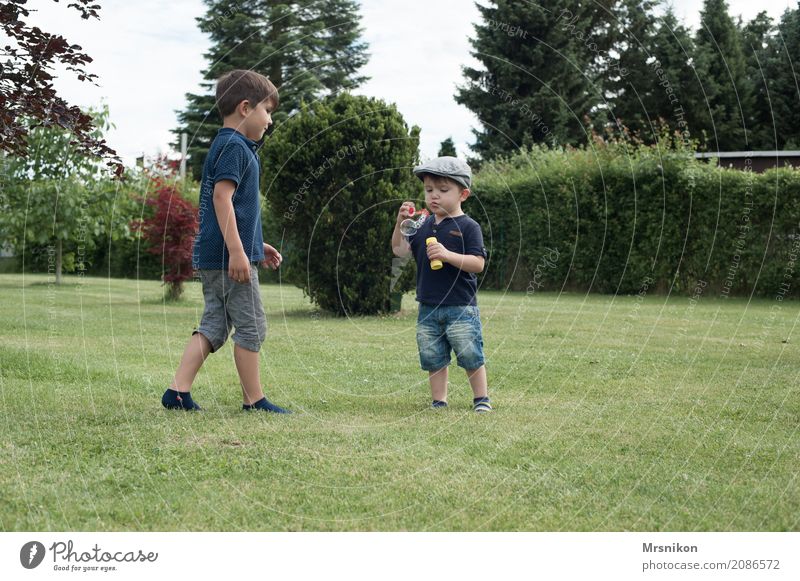 seifenblasen Mensch Kind Kleinkind Junge Geschwister Bruder Kindheit 2 Kindergruppe 1-3 Jahre 3-8 Jahre Lächeln lachen laufen Spielen brüderlich Wiese Garten