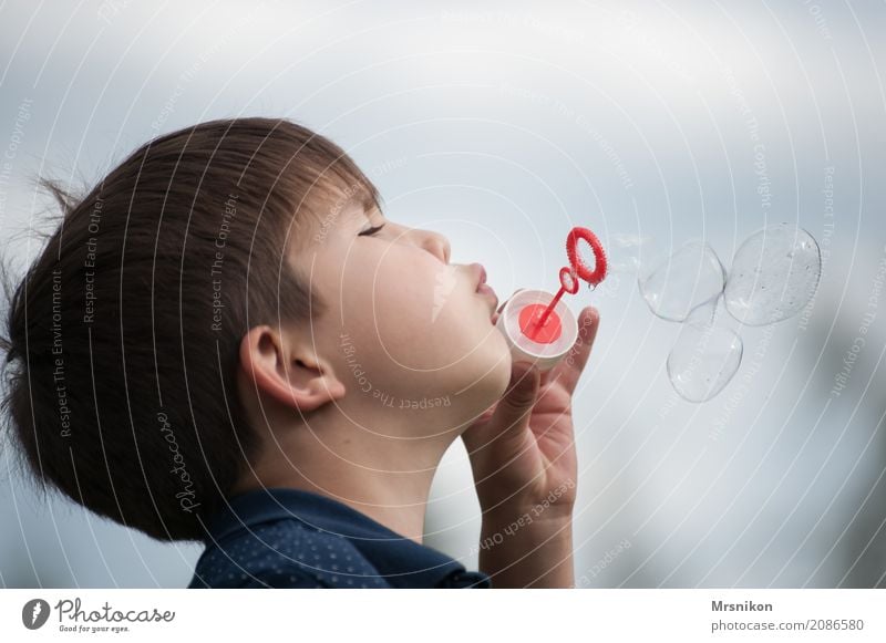 seifenblasen Kind Junge Kindheit 1 Mensch 3-8 Jahre Freude Glück Neugier Hoffnung Glaube Seifenblase brünett Spielen Farbfoto Gedeckte Farben Außenaufnahme