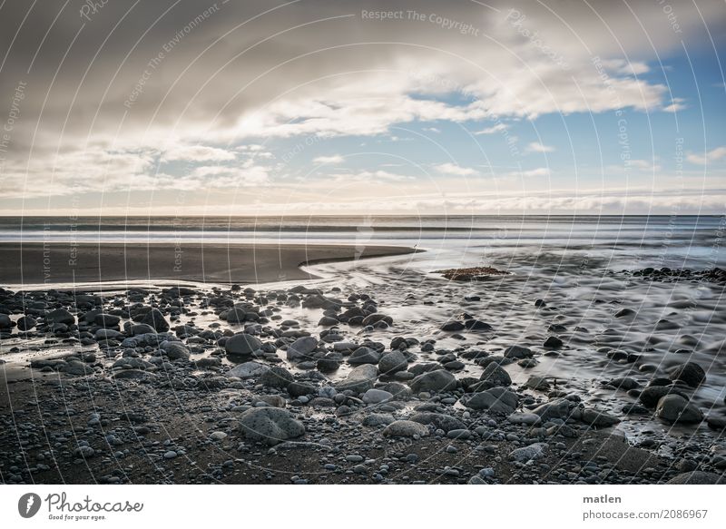 Mündung Natur Landschaft Sand Luft Wasser Himmel Wolken Horizont Frühling Wetter Schönes Wetter Küste Strand Meer dunkel blau braun grau weiß Flußmündung Island