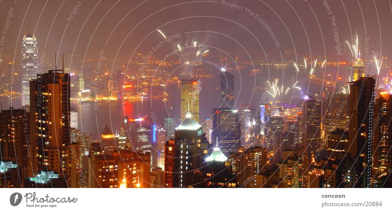 Magnificent Hong Kong  from Victoria Peak Lasershow mehrfarbig Panorama (Aussicht) Hochhaus eng beeindruckend Nacht Hongkong China Erfolg Feuerwerk