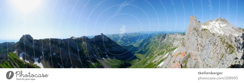 alpin Natur Landschaft Himmel Wolkenloser Himmel Horizont Sonne Sonnenlicht Sommer Gras Alpen Berge u. Gebirge Berg Säntis Alpstein Ostschweiz Kurfirsten