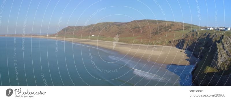 Rhossili Bay (Panorama) Halbinsel Gower Wales Großbritannien Strand Küste Meer Europa Berge u. Gebirge unberühert Natur