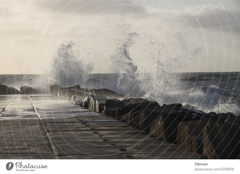 Gischt Meer Wasser Wassertropfen Wolken Nordsee Stein kalt nass wild blau braun grau Natur Ferne Naturgewalt Farbfoto Gedeckte Farben Außenaufnahme Menschenleer