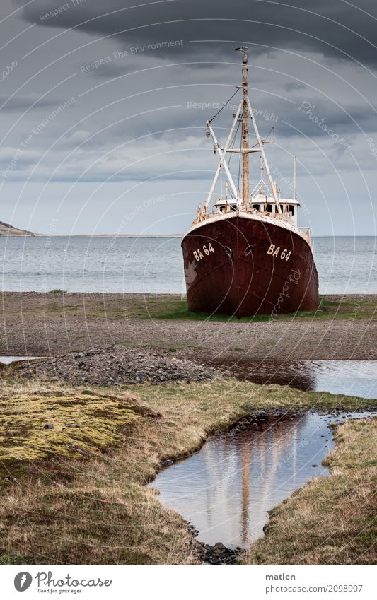 Landgang Landschaft Sand Wasser Himmel Wolken Horizont Frühling Wetter Gras Küste Strand Fjord Meer Fischerboot blau braun grün rot gestrandet Schiffswrack