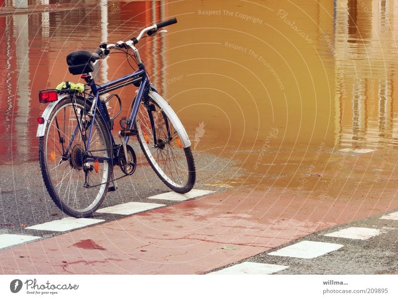 Fahrrad bei Überschwemmung am Fußgängerüberweg Hochwasser Unwetter Straße nass Wasser Regen Fußgängerübergang Verkehrsstillstand fluten Regenwasser