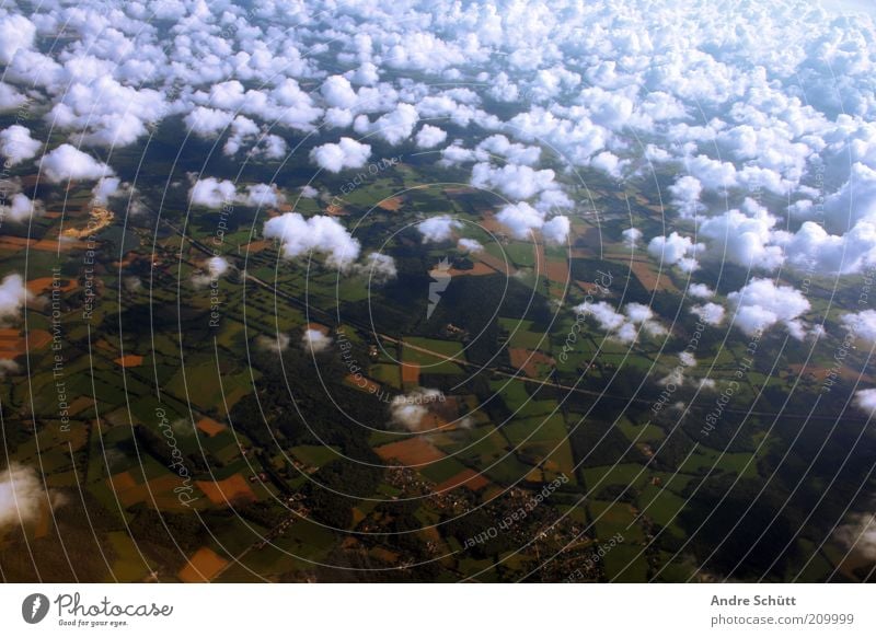 Über den Wolken Landschaft Feld Luftverkehr Flugzeugausblick fliegen hoch blau gelb grün Fernweh Angst Ferne Wolkenhimmel luftig oben Aussicht Farbfoto