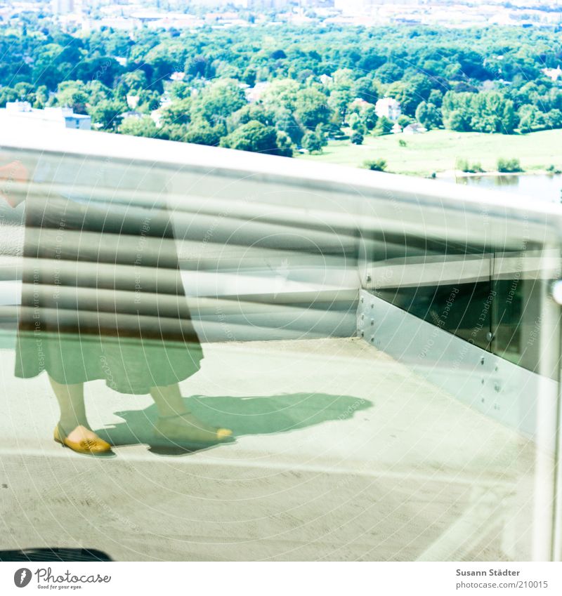 on top of the roof Stil Ausflug Ferne feminin Beine Fuß 1 Mensch trendy Rock Frau Dach Elbe Reflexion & Spiegelung Freiheit Stahl Glasscheibe Schuhe sommerlich