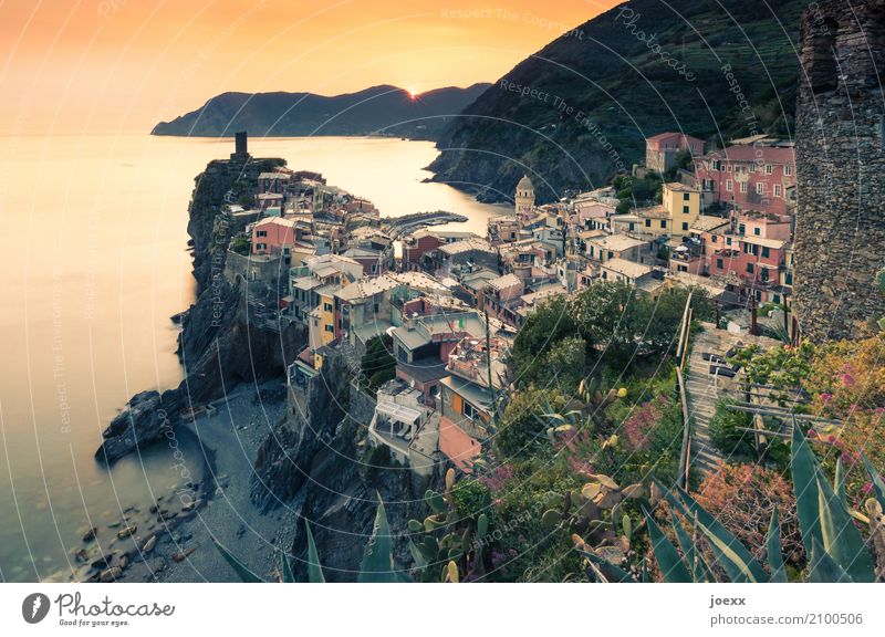 Vernazza Tourismus Meer Landschaft Schönes Wetter Italien Haus Turm Mauer Wand alt schön mehrfarbig orange Horizont Idylle Farbfoto Außenaufnahme Abend