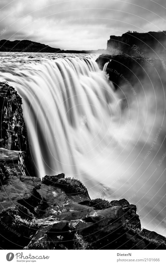 Dettifoss Natur Landschaft Urelemente Wasser Himmel Wolken Wetter schlechtes Wetter Felsen Wellen Flussufer Wasserfall dettifoss grau schwarz weiß Island