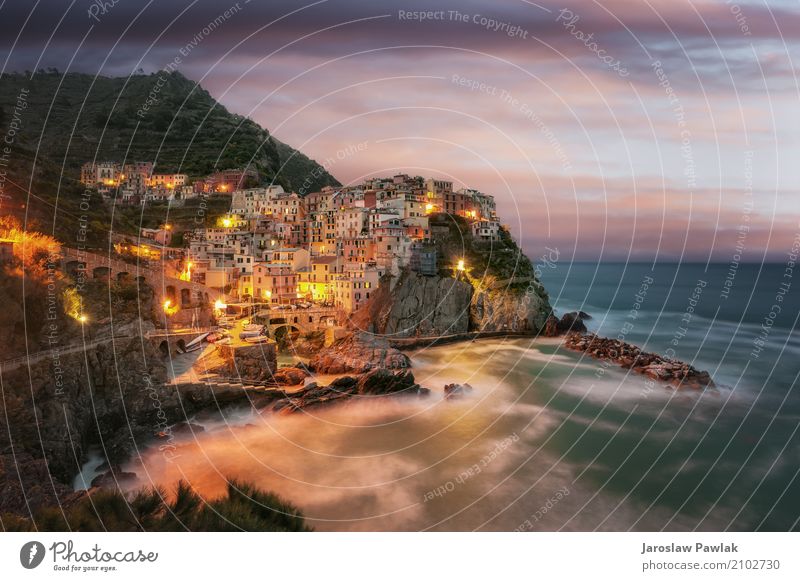 Cinque Terre, Manarola, Italien schön Ferien & Urlaub & Reisen Sommer Strand Meer Haus Landschaft Himmel Hügel Felsen Küste Dorf Stadt Hafen Gebäude Architektur